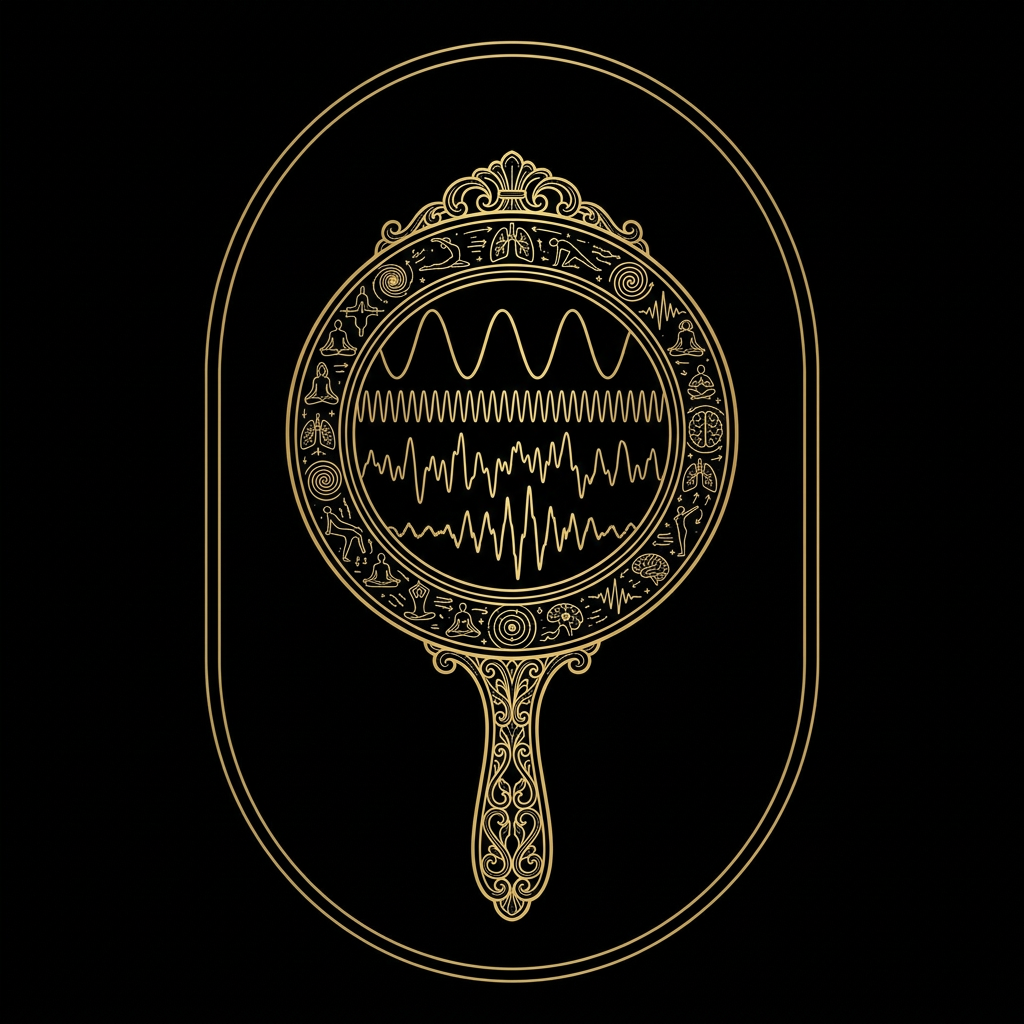 Gold line art of a mirror with somatic readings and emotional frequency