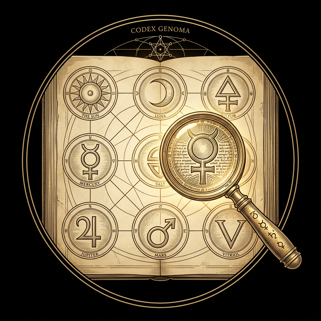 Gold engraving of open codex with 9 alchemical medallions and magnifying lens