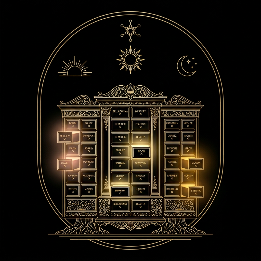 Gold engraving of apothecary cabinet with morning, noon, and evening light sources