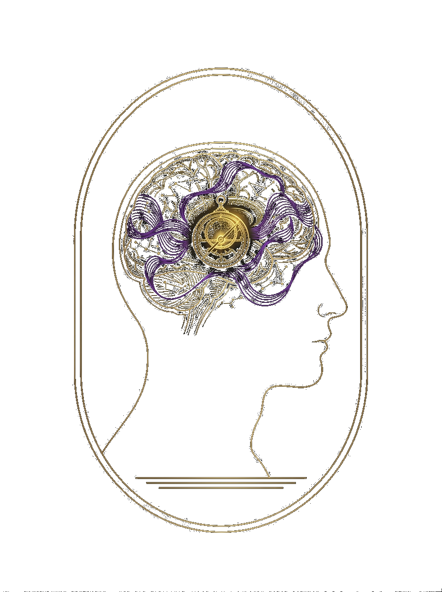 Gold line art of a human head in profile with an ornate astrolabe instrument at the center of the brain, violet neural pathways flowing through — the EQ Flow consciousness analytics symbol